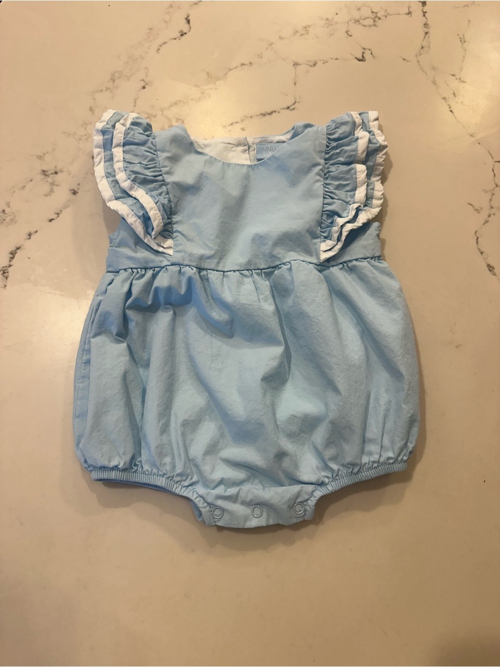 Classic Whimsy Light Blue Ruffle Sleeve Baby Bubble Romper. 12m